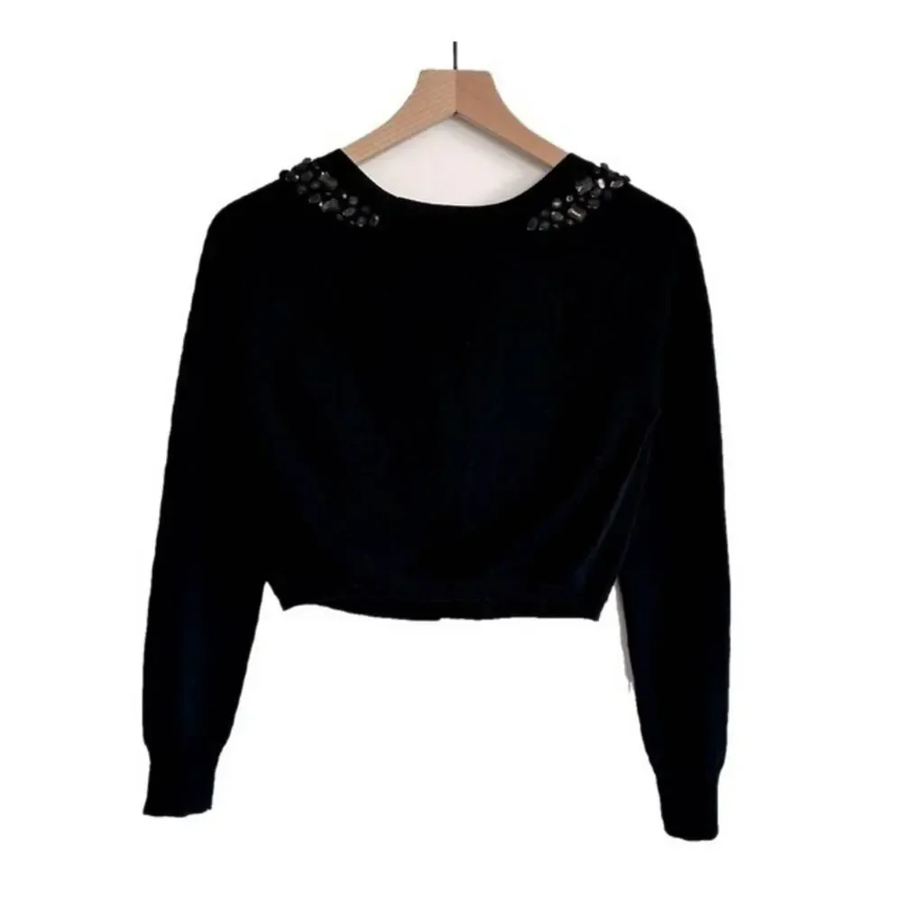 Rebecca Taylor Black Cropped Cardigan Rhinestone Embellished Size S